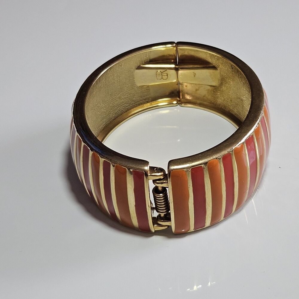 Banana Republic Orange Enamel And Gold Tone Hinged  Bangle Bracelet 6.5" - Picture 11 of 12
